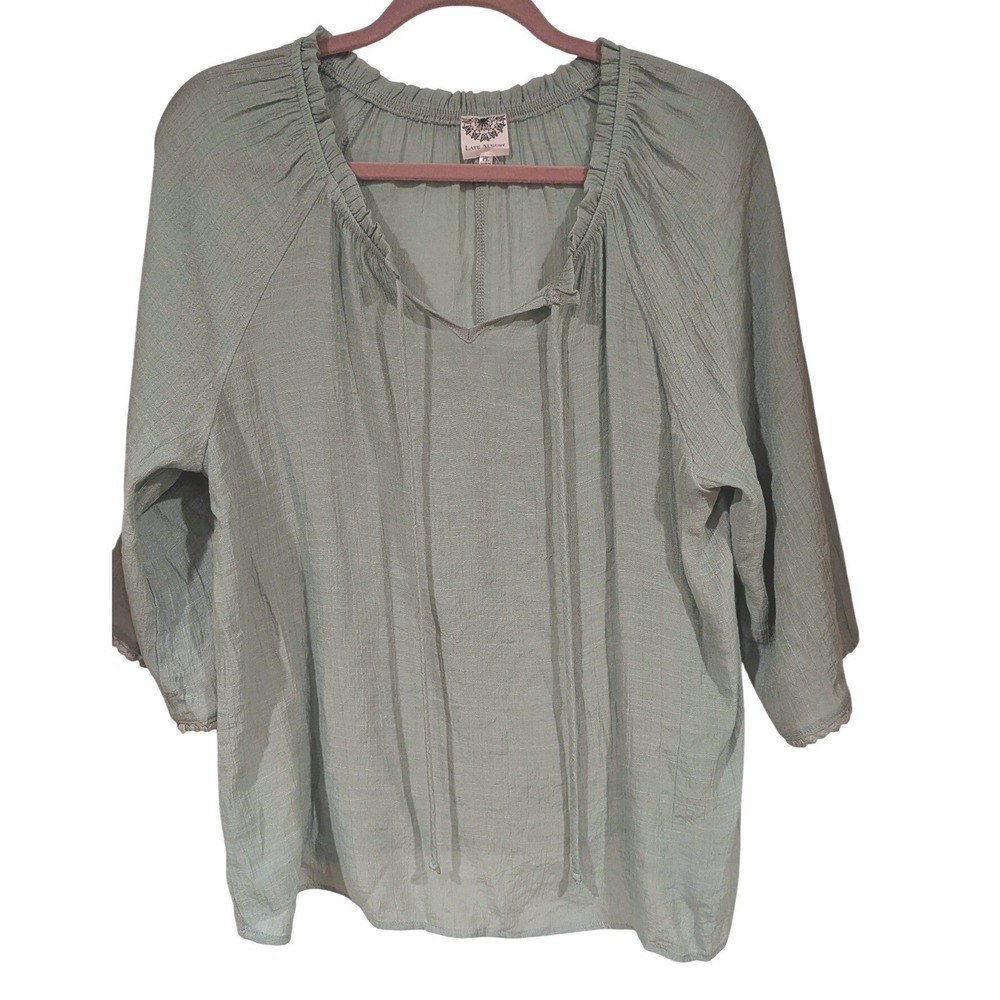 Late August Peasant Blouse PL Sage Green Pom Pom‎ Trim Crinkle Boho Cottagecore